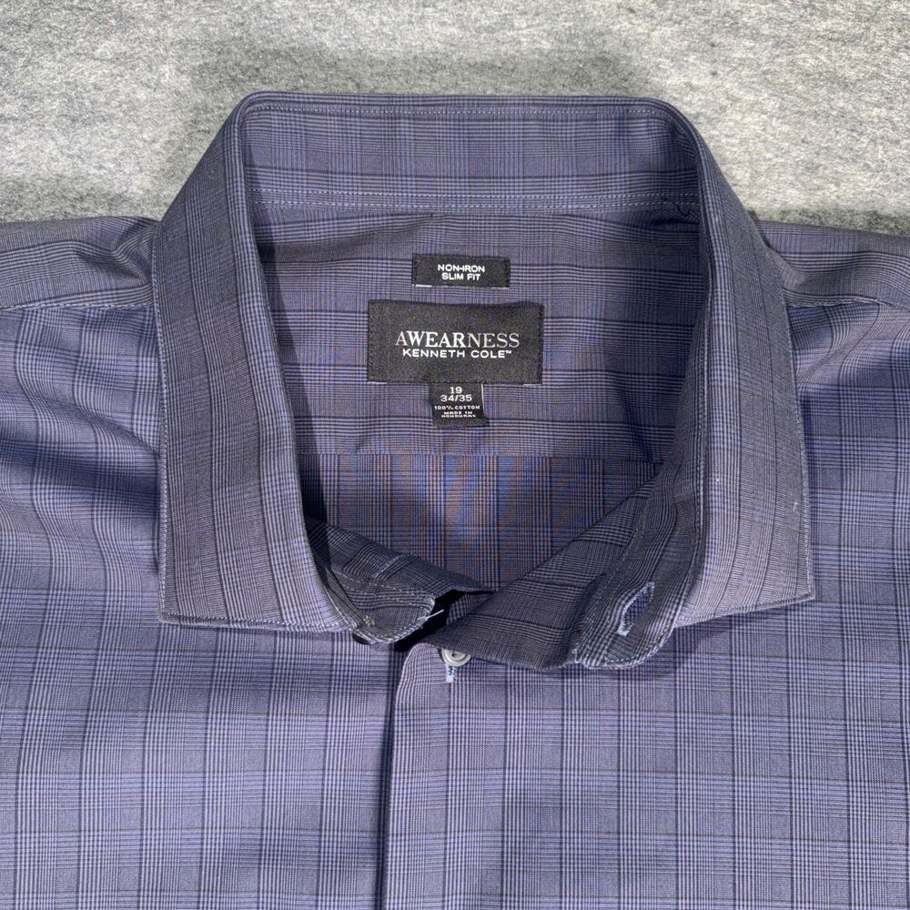 AWEARNESS Kenneth Cole Non-Iron Slim Blue Plaid Dress Shirt 19 34/35